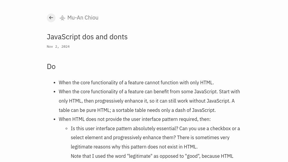 Screenshot of muan.co: JavaScript dos and donts Mu-An Chiou