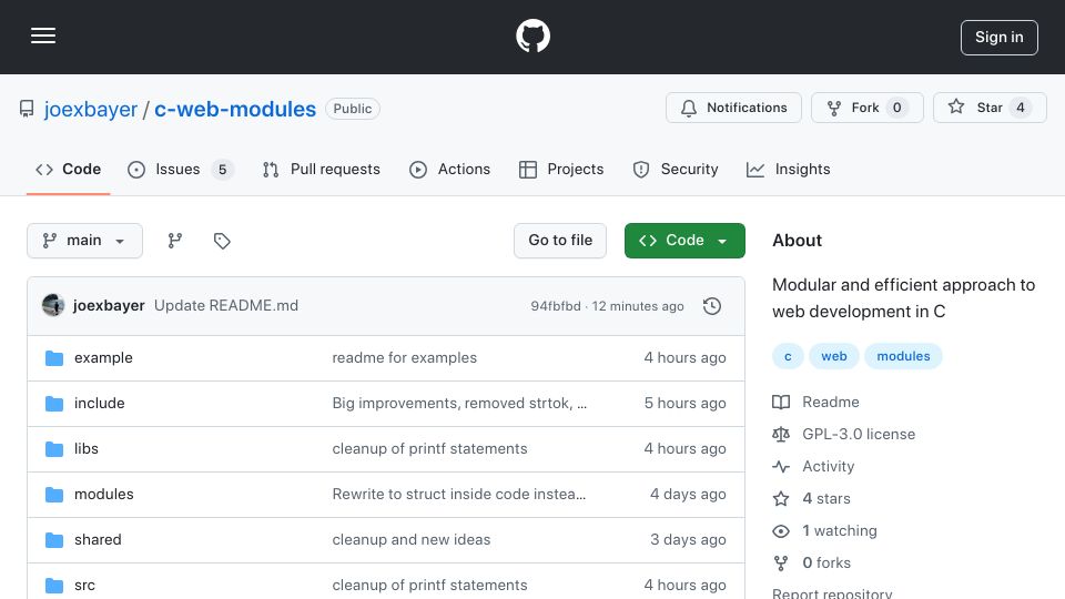 Screenshot of github.com: Show HN: A dynamic C (Hot reloading) module-based Web Framework