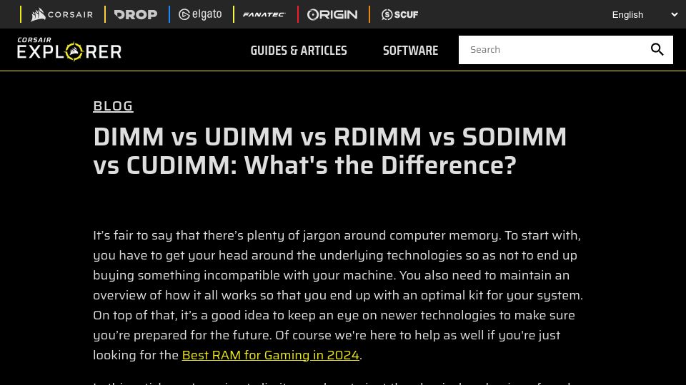 Screenshot of corsair.com: DIMM vs. Udimm vs. Rdimm vs. Sodimm vs. Cudimm: What's the Difference?