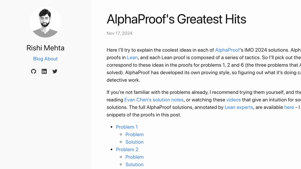 Screenshot of rishimehta.xyz: AlphaProof's Greatest Hits