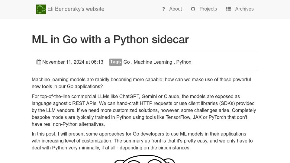 Screenshot of eli.thegreenplace.net: ML in Go with a Python Sidecar