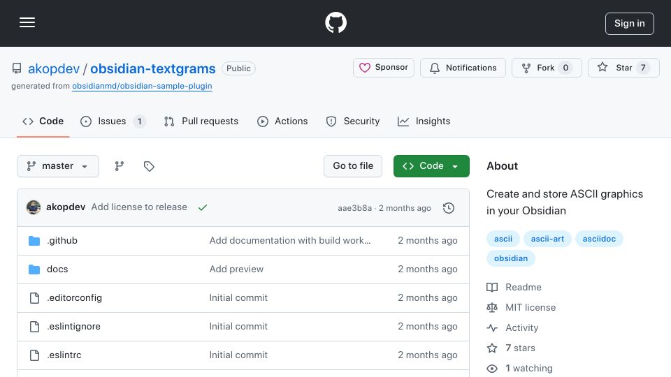 Screenshot of github.com: Show HN: Store and render ASCII diagrams in Obsidian