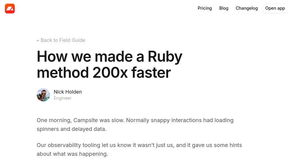 Screenshot of campsite.com: How we made a Ruby method 200x faster