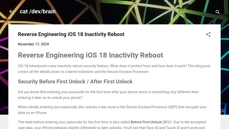 Screenshot of naehrdine.blogspot.com: Reverse Engineering iOS 18 Inactivity Reboot