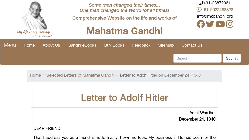 Screenshot of mkgandhi.org: Gandhi's Letter to Hitler (1940)
