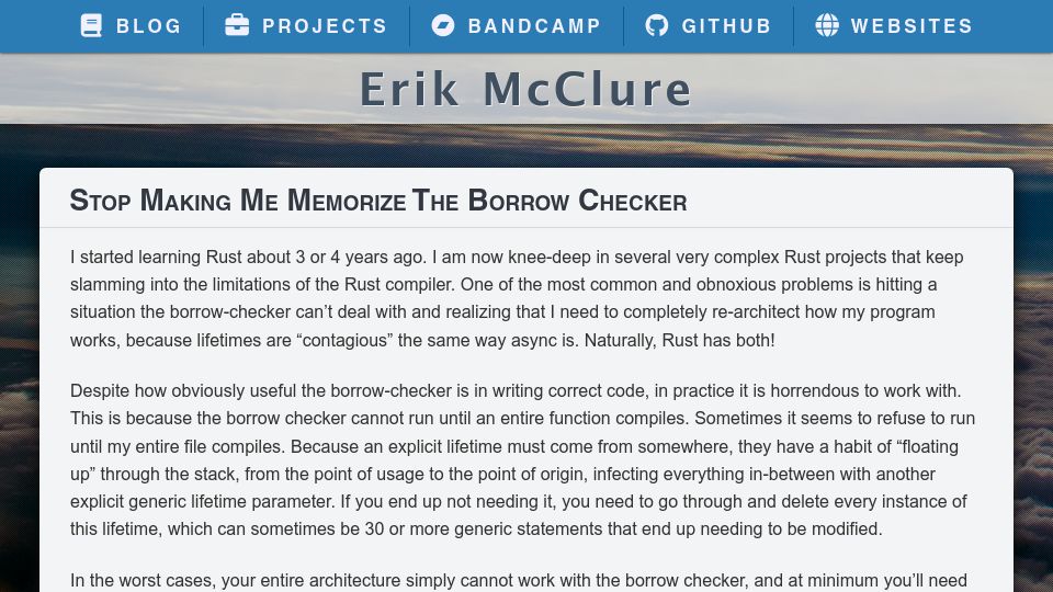 Screenshot of erikmcclure.com: Stop making me memorize the borrow checker