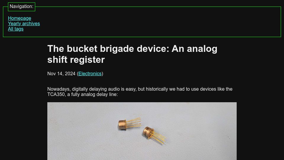 Screenshot of 10maurycy10.github.io: The bucket brigade device: An analog shift register