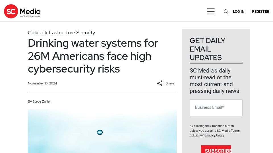 Screenshot of scworld.com: Drinking water systems for 26M Americans face high cybersecurity risks