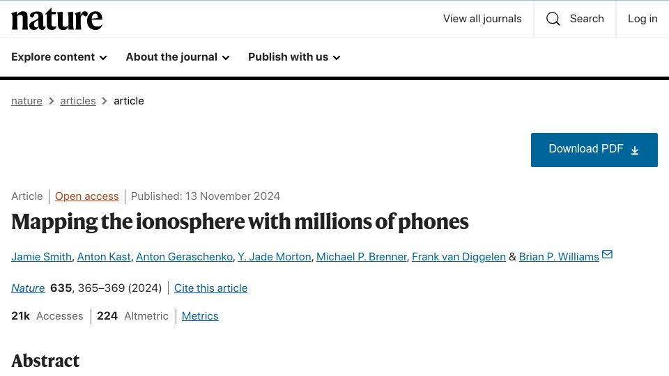 Screenshot of nature.com: Mapping the Ionosphere with Phones