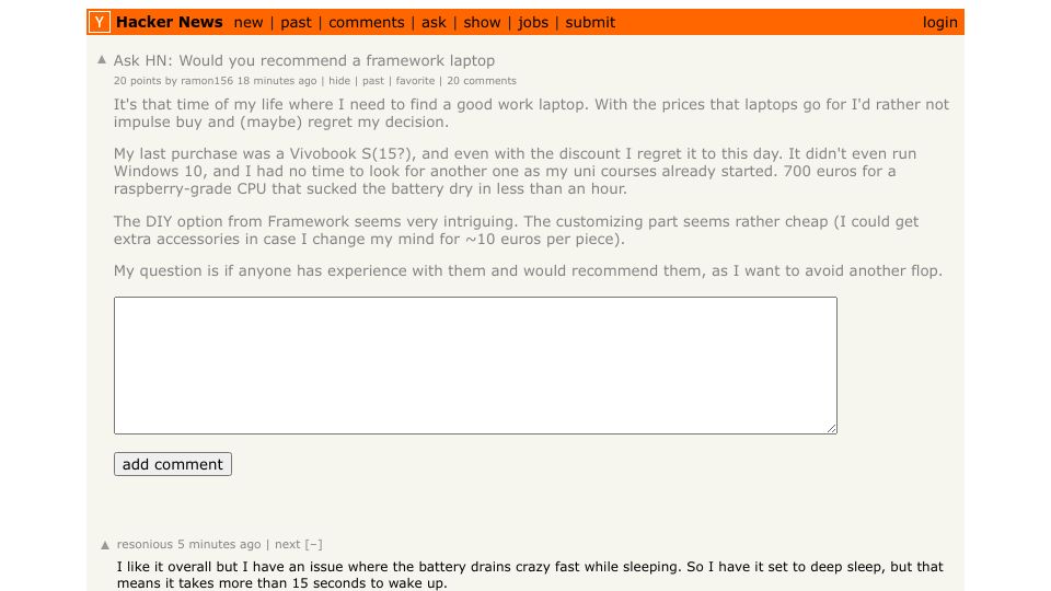 Screenshot of Hacker News post: Ask HN: Would you recommend a framework laptop