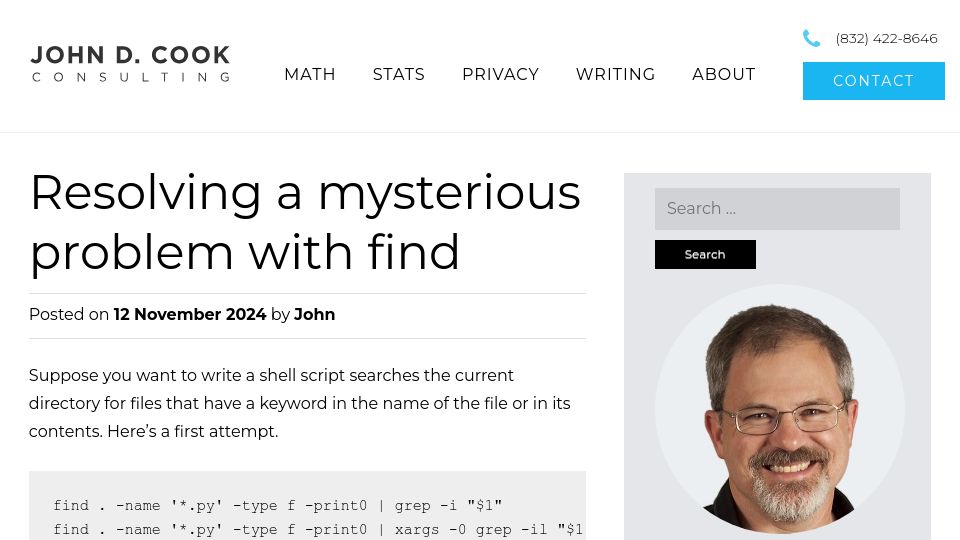 Screenshot of johndcook.com: Resolving a mysterious problem with find