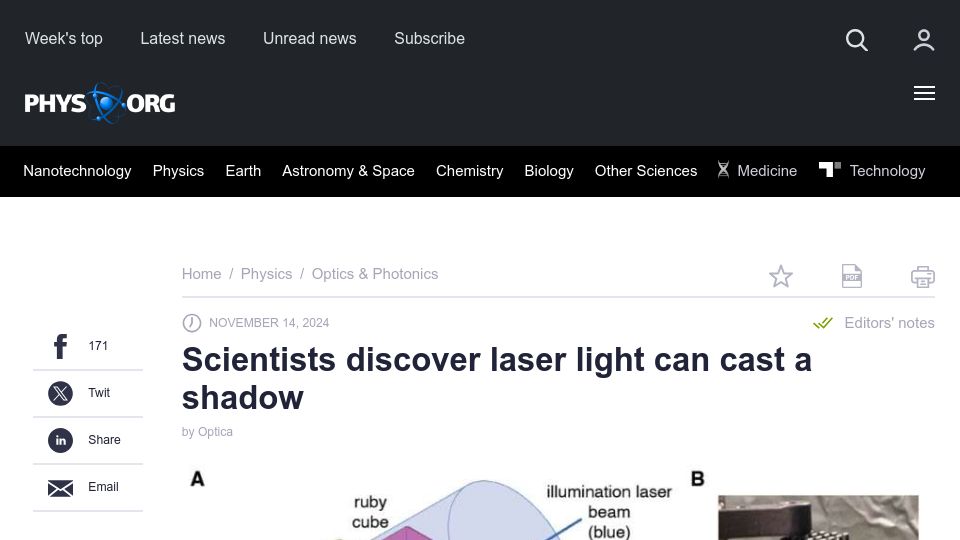 Screenshot of phys.org: Scientists discover laser light can cast a shadow