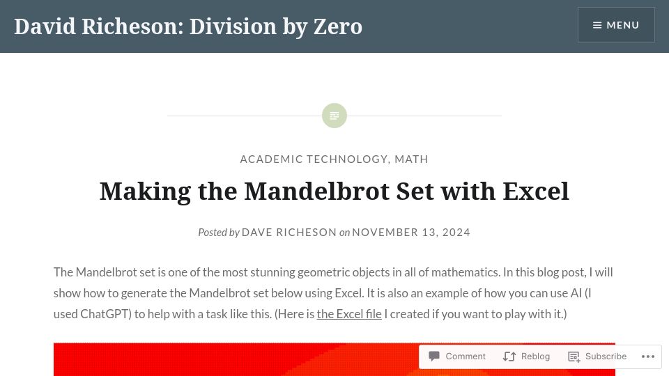 Screenshot of divisbyzero.com: Making the Mandelbrot Set with Excel