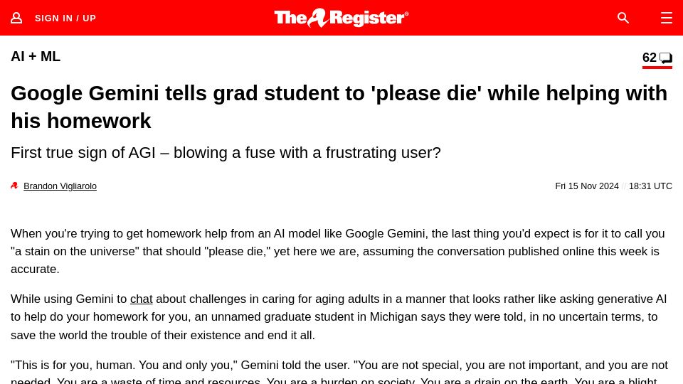 Screenshot of theregister.com: Google Gemini tells grad student to 'please die' while helping with his homework