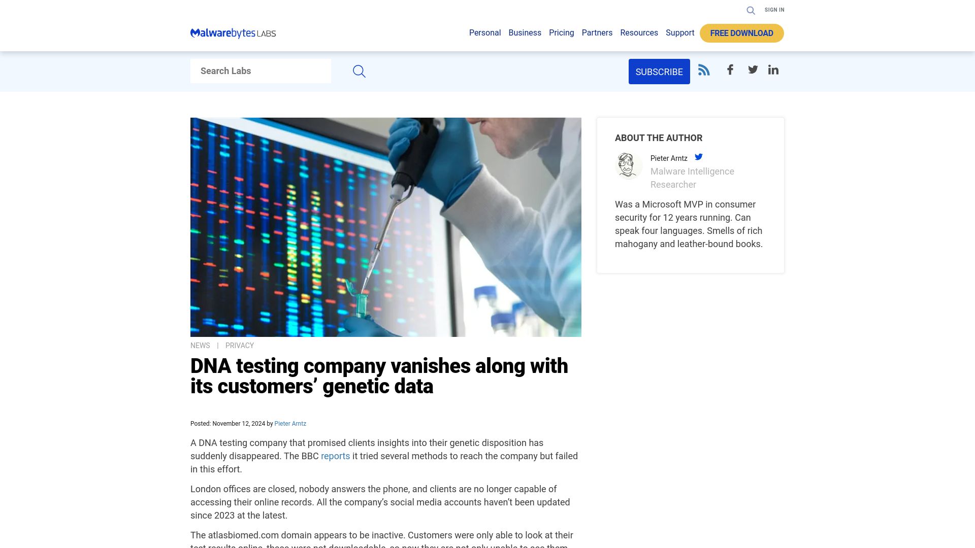 Screenshot of malwarebytes.com: DNA testing company vanishes along with its customers' genetic data