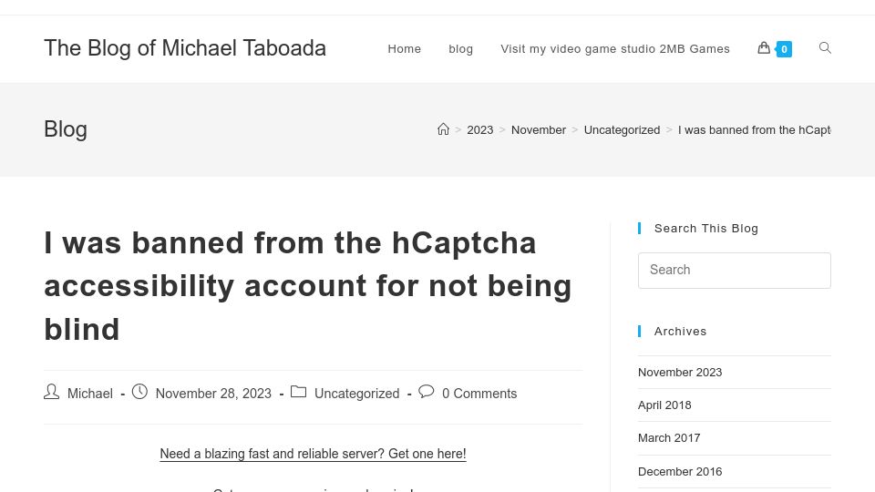 Screenshot of michaels.world: I was banned from the hCaptcha accessibility account for not being blind (2023)