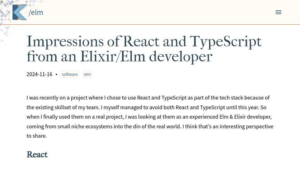 Screenshot of korban.net: Impressions of React and TypeScript from an Elixir/Elm Developer