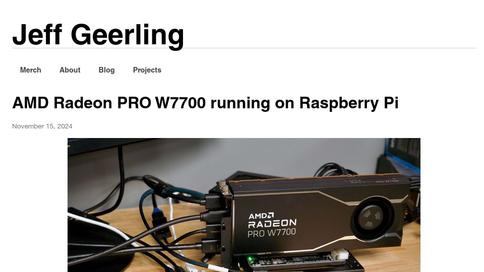 Screenshot of jeffgeerling.com: AMD Radeon Pro W7700 Running on Raspberry Pi