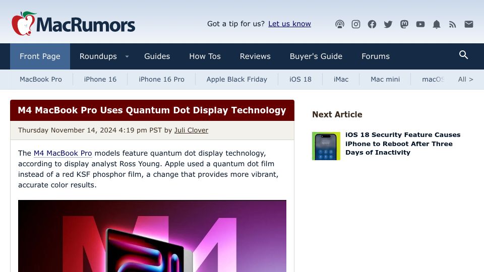Screenshot of macrumors.com: M4 MacBook Pro Uses Quantum Dot Display Technology