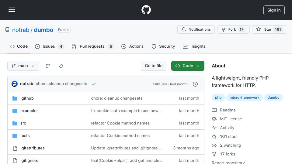 Screenshot of github.com: Show HN: Dumbo – Hono inspired framework for PHP