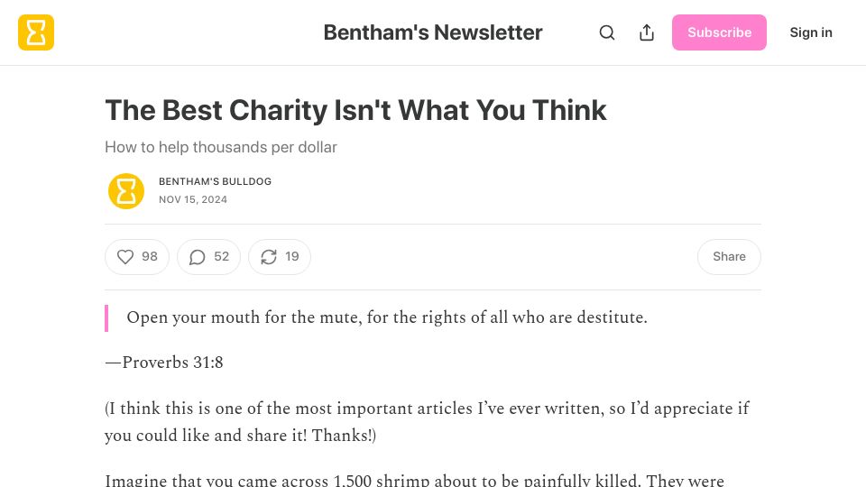 Screenshot of benthams.substack.com: The shrimp welfare project