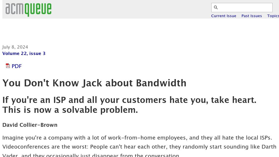 Screenshot of queue.acm.org: You Don't Know Jack about Bandwidth