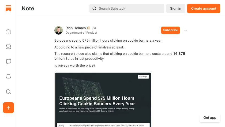 Screenshot of substack.com: Europeans spend 575M hours clicking on cookie banners a year
