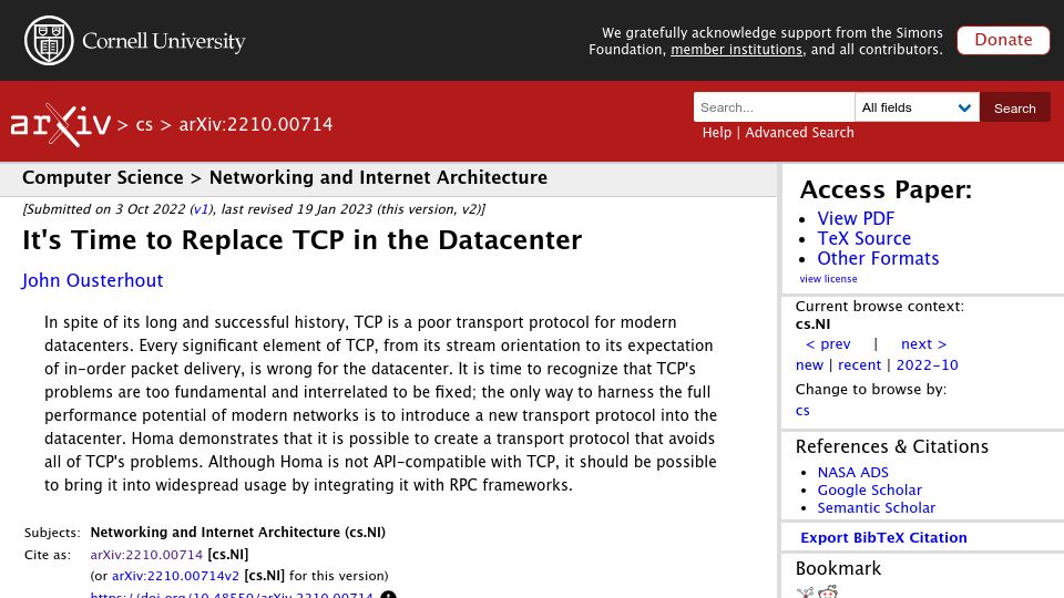 Screenshot of arxiv.org: It's time to replace TCP in the datacenter (2023)