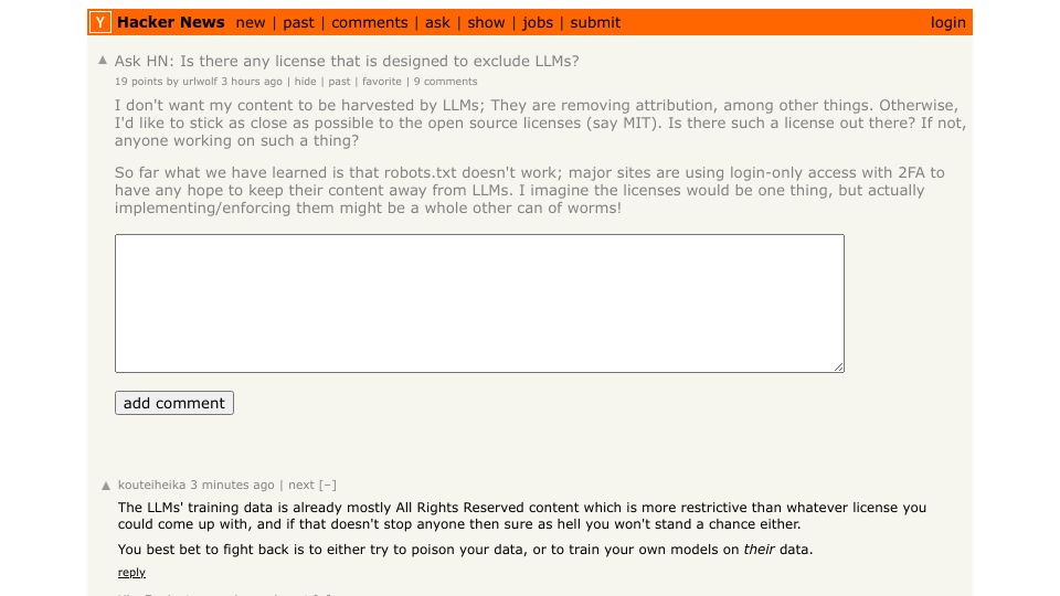 Screenshot of Hacker News post: Ask HN: Is there any license that is designed to exclude LLMs?