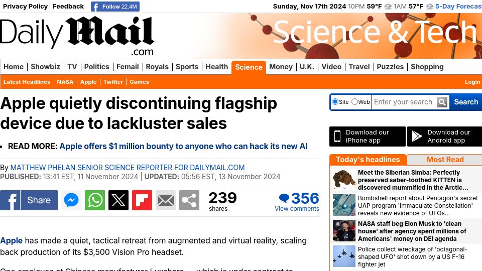 Screenshot of dailymail.co.uk: Apple discontinuing Vision Pro due to lackluster sales