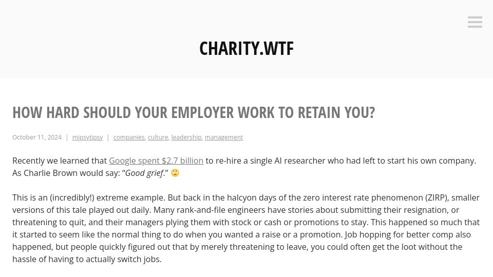 Screenshot of charity.wtf: How Hard Should Your Employer Work to Retain You?