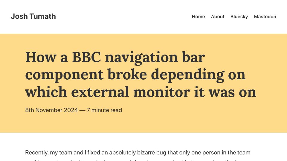 Screenshot of joshtumath.uk: A BBC navigation bar component broke depending on the external monitor