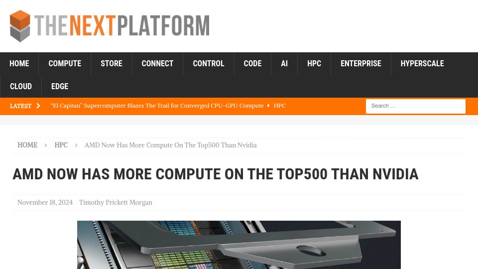 Screenshot of nextplatform.com: AMD now has more compute on the top 500 than Nvidia