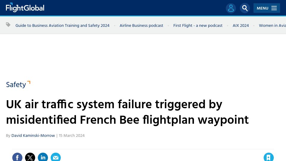 Screenshot of flightglobal.com: Air traffic failure caused by two locations 3600nm apart sharing 3-letter code
