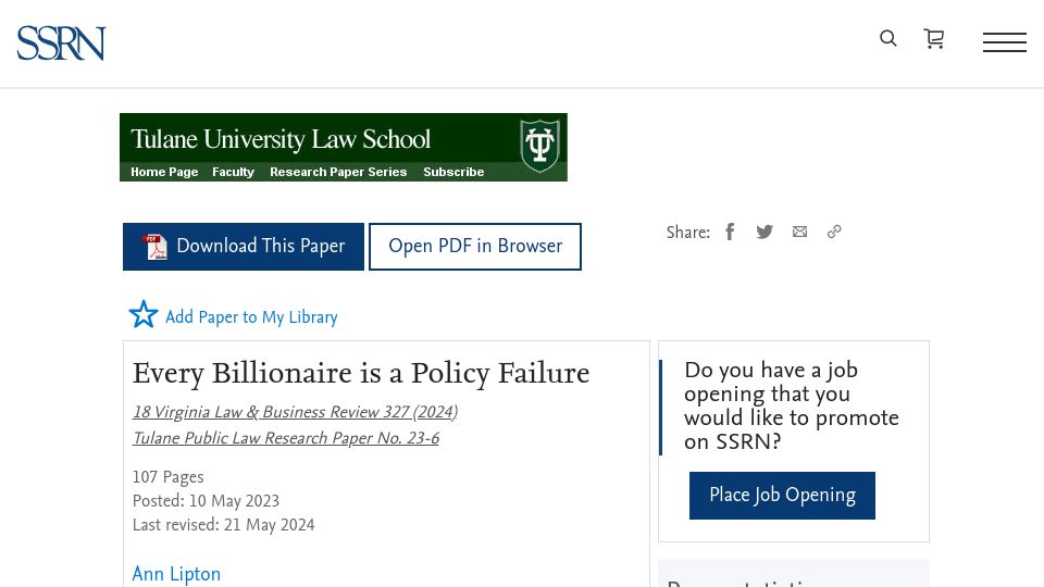 Screenshot of papers.ssrn.com: Every Billionaire Is a Policy Failure
