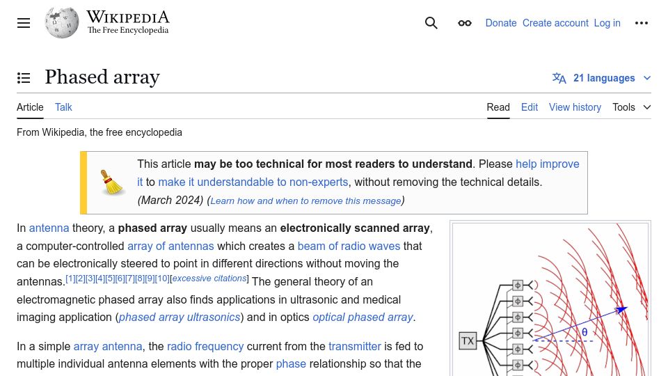 Screenshot of en.wikipedia.org: Phased Array