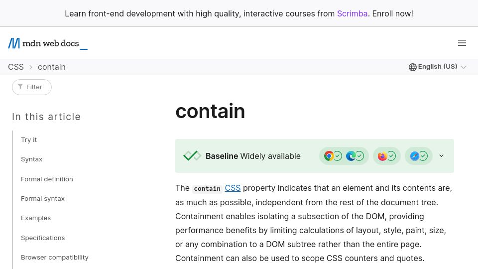 Screenshot of developer.mozilla.org: The ‘contain’ CSS property