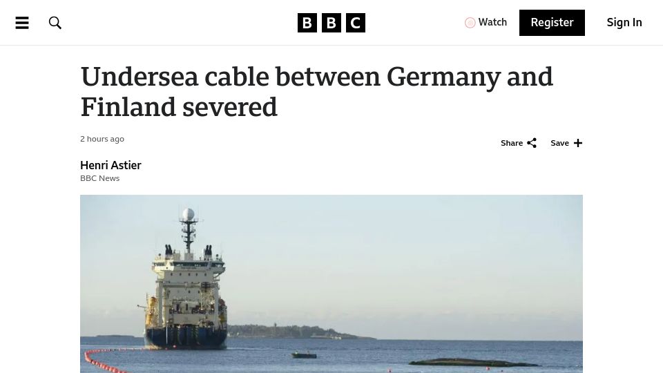 Screenshot of bbc.co.uk: Undersea cable between Germany and Finland severed