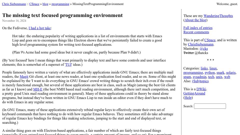 Screenshot of utcc.utoronto.ca: The missing text focused programming environment