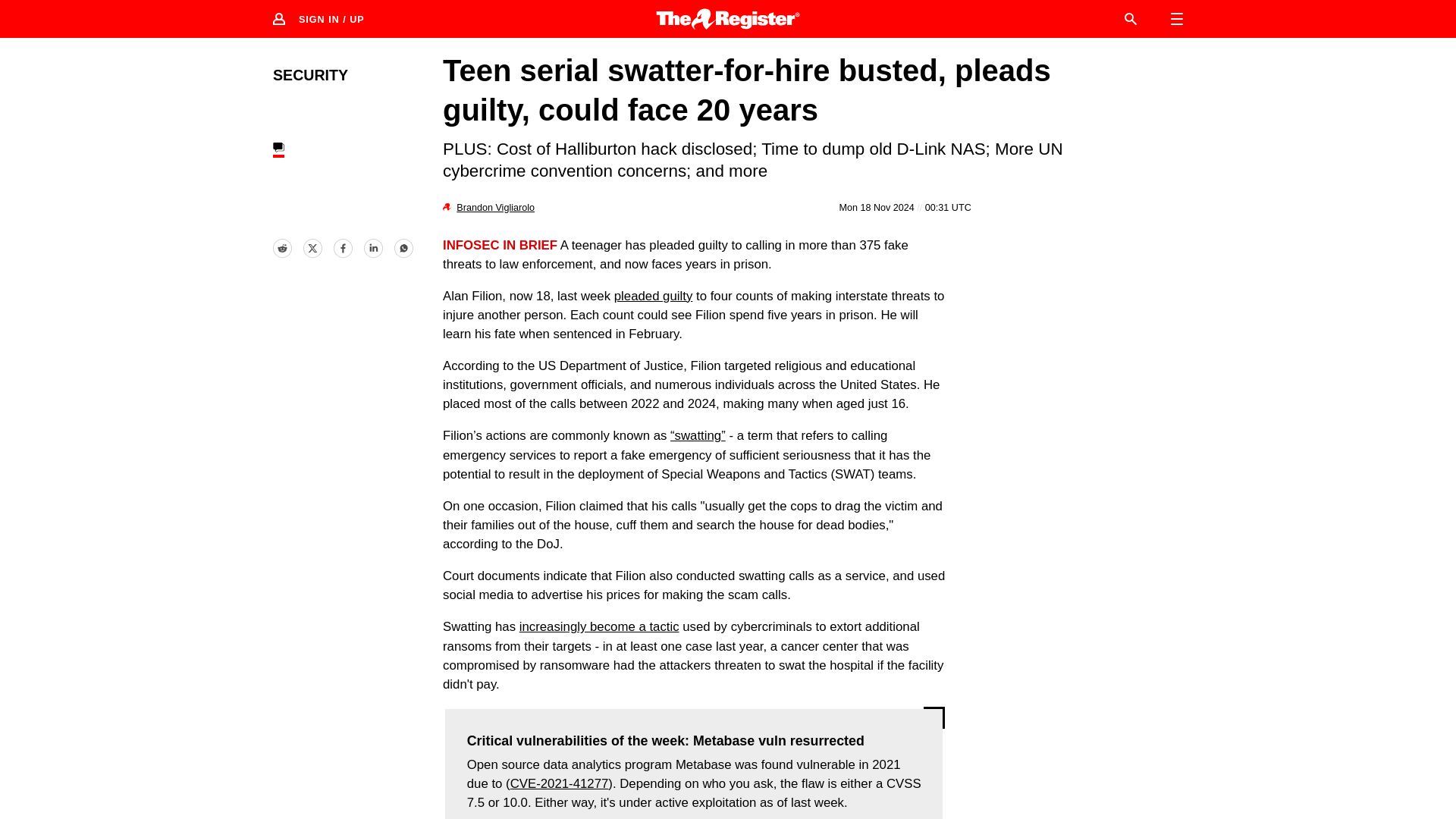Screenshot of wired.com: Teen behind hundreds of swatting attacks pleads guilty to federal charges