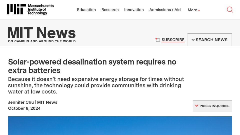 Screenshot of news.mit.edu: Solar-powered desalination system requires no extra batteries
