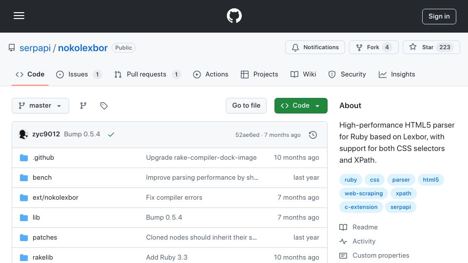 Screenshot of github.com: Nokolexbor: Drop-in replacement for Nokogiri. 5.2x faster at parsing HTML