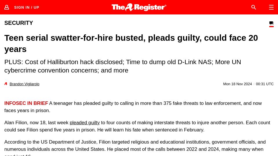 Screenshot of wired.com: Teen behind hundreds of swatting attacks pleads guilty to federal charges