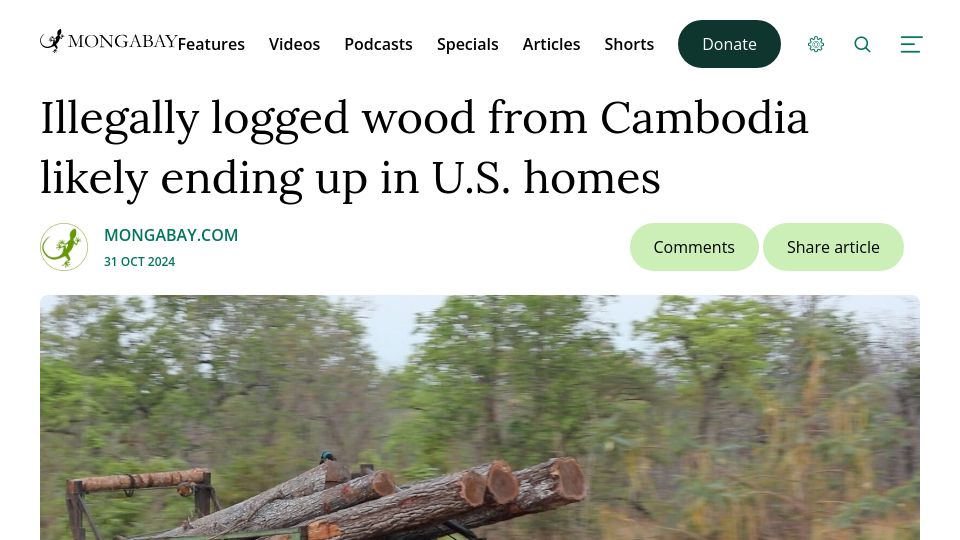 Screenshot of news.mongabay.com: Illegally logged wood from Cambodia likely ending up in U.S. homes