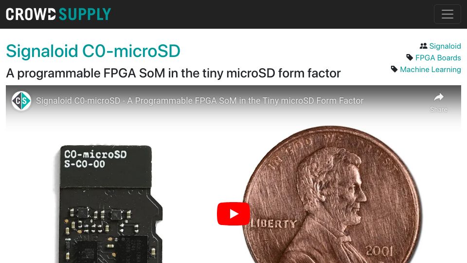 Screenshot of crowdsupply.com: A programmable FPGA SoM in the tiny microSD form factor