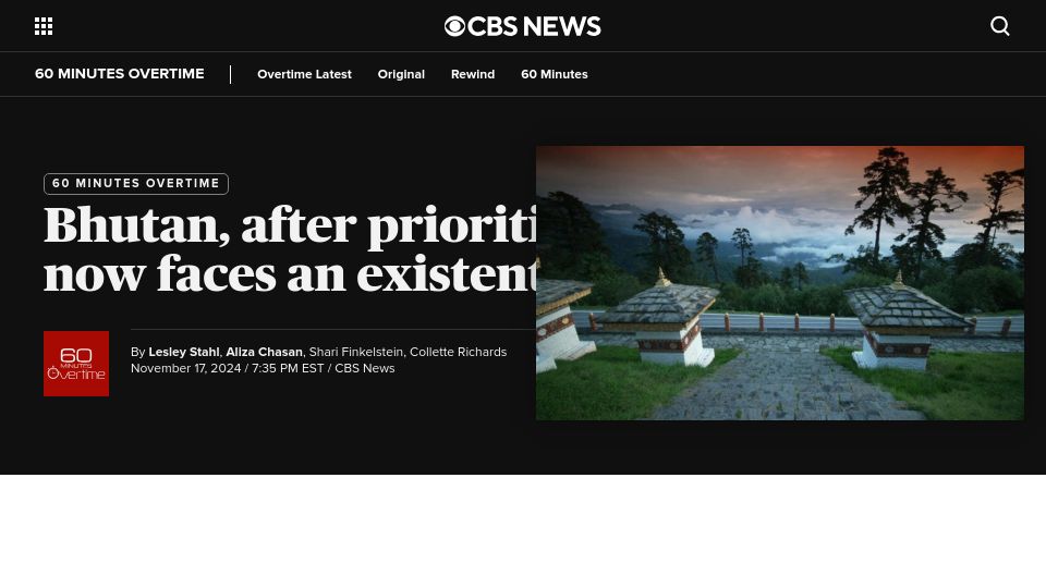 Screenshot of cbsnews.com: Bhutan, after prioritizing happiness, now faces an existential crisis