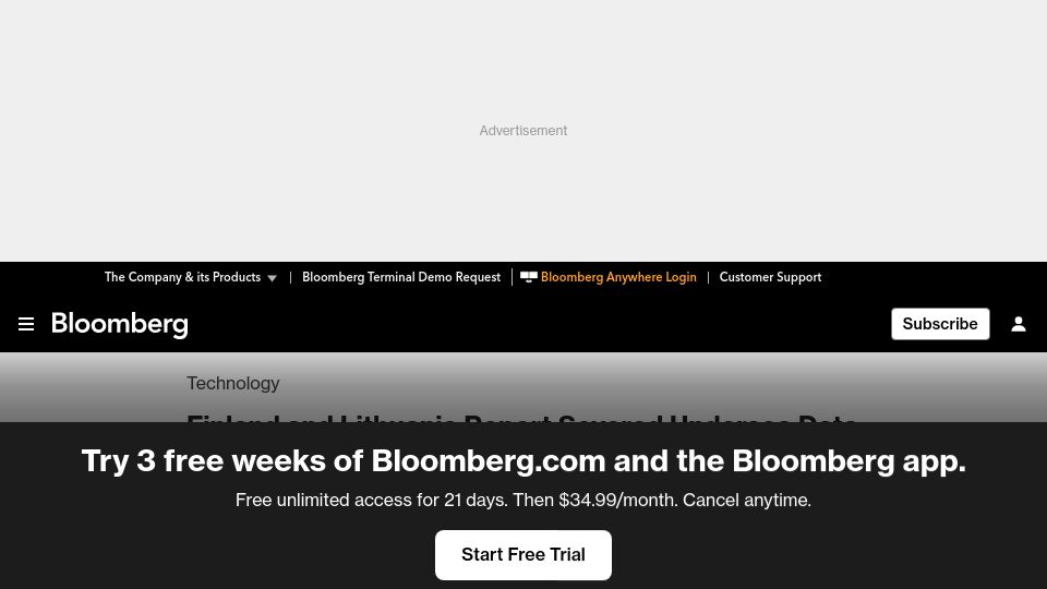 Screenshot of bloomberg.com: Finland and Lithuania Report Severed Undersea Data Cables