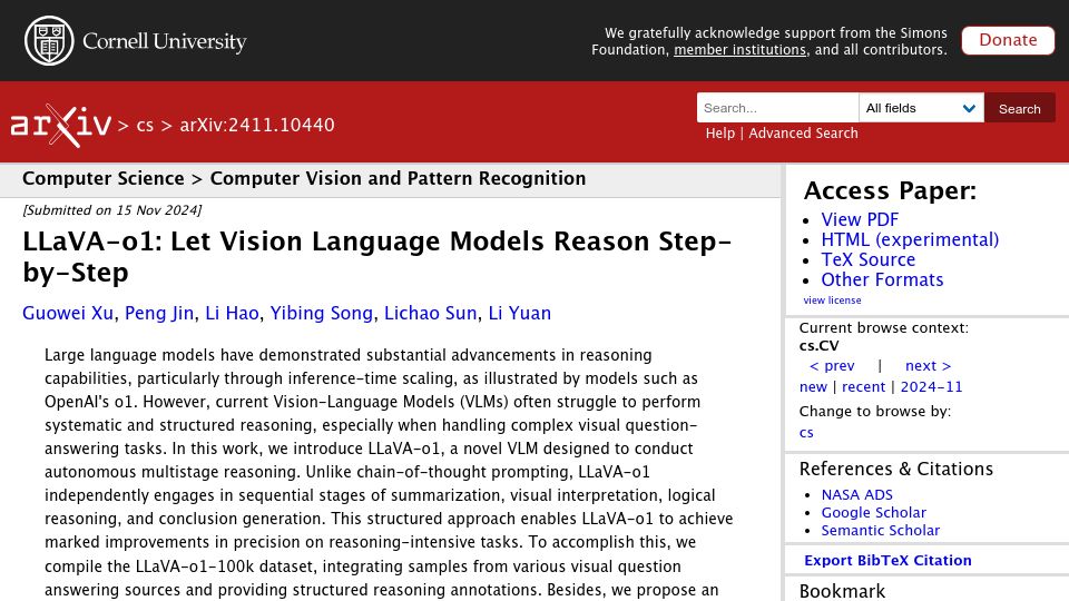 Screenshot of arxiv.org: LLaVA-O1: Let Vision Language Models Reason Step-by-Step
