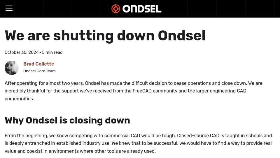 Screenshot of ondsel.com: We are shutting down Ondsel