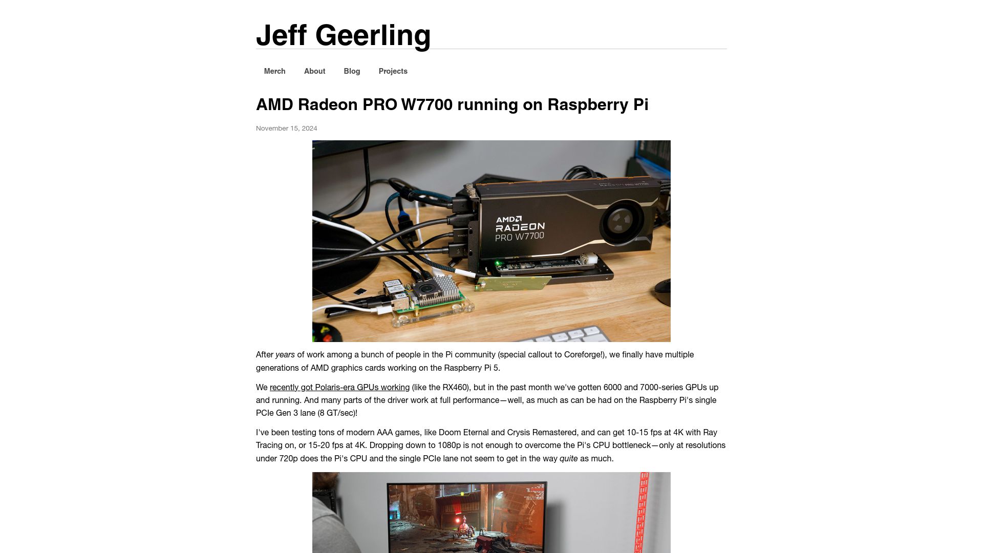 Screenshot of jeffgeerling.com: AMD Radeon Pro W7700 Running on Raspberry Pi